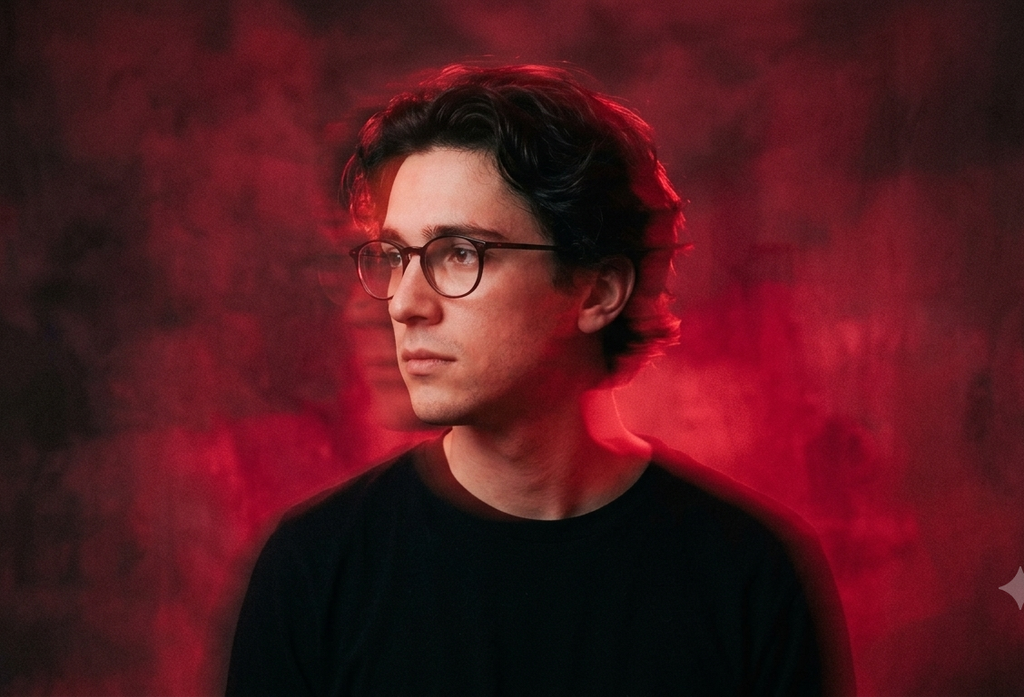 A portrait washed in rich red neon tones with stylized motion blur and high-saturation atmospheric lighting